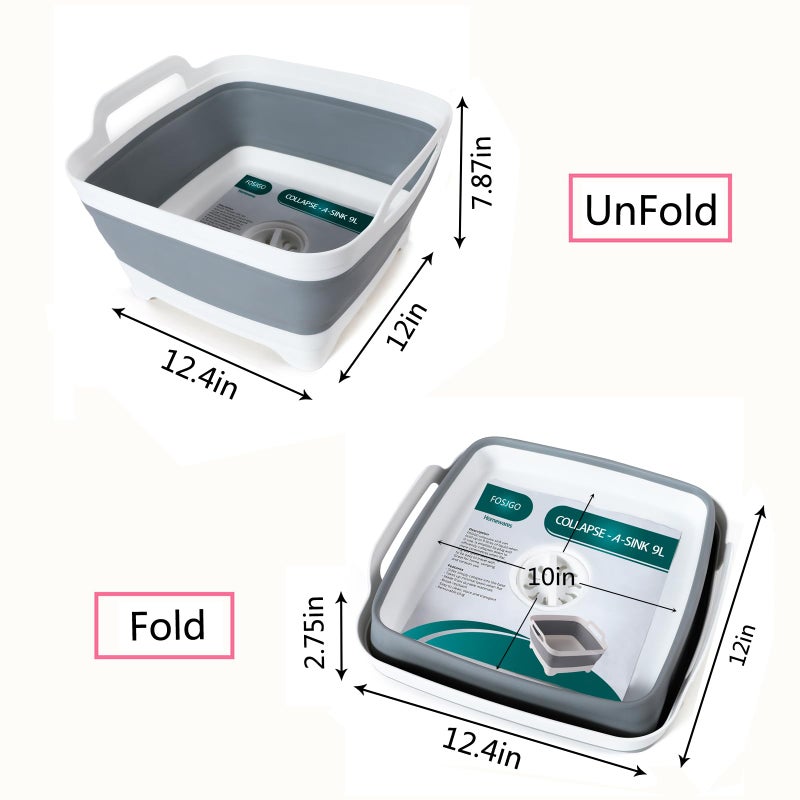 FOSJGO 2.4 Gal(9L) Collapsible Dish Basin with Drain Plug,Space Saving Multiuse Foldable Sink Tub,Dishpan,Kitchen Sink for Camping,Plastic Tub,Vegetable Washing,Beverage Tubs - Image 3